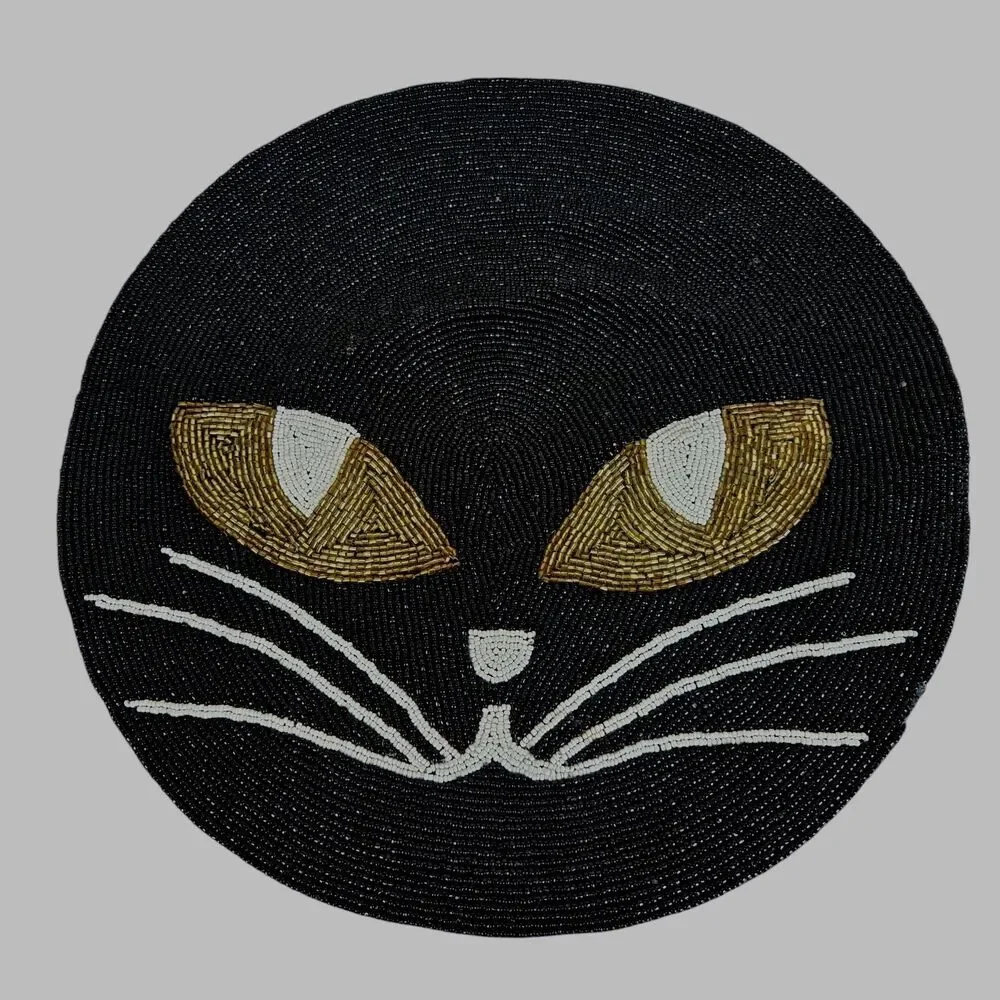 Set of 3 Black Cat Face Round Beaded Placemats Halloween